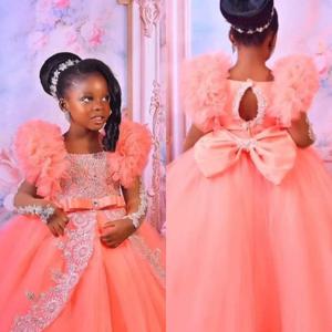 복숭아 핑크 여아 생일 파티 드레스, 레이스 아플리케 꽃 소녀 드레스, 사진 촬영용 어린이 볼 가운 원피스