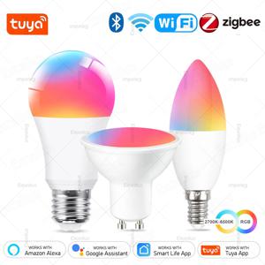 Tuya E27 E14 GU10 전구 WiFi/Zigbee/블루투스, 디밍이 가능한 조명 LED 램프 2700-6500K RGB, 스마트 Led 전구는 Alexa Amazon과 함께 작동합니다.