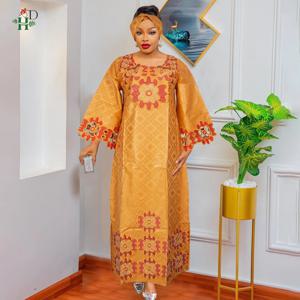 여성용 H & D 아프리카 의류 드레스, 우아한 웨딩 파티 가운, 앙카라 다시키 롱 원피스, Roupas Bazin Riche 노란색 로브