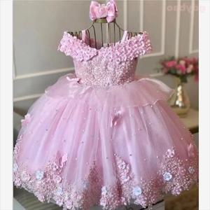 핑크 여아 드레스 오프 숄더 진주 레이스 나비 꽃 소녀 원피스, 유아 첫 생일 파티 가운
