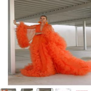 오렌지 퍼프 러플 임산부 얇은 명주 그물 로브, 모든 색상 맞춤 제작, 긴 소매 큰 주름, 임신 사진 촬영 원피스, 활 포함