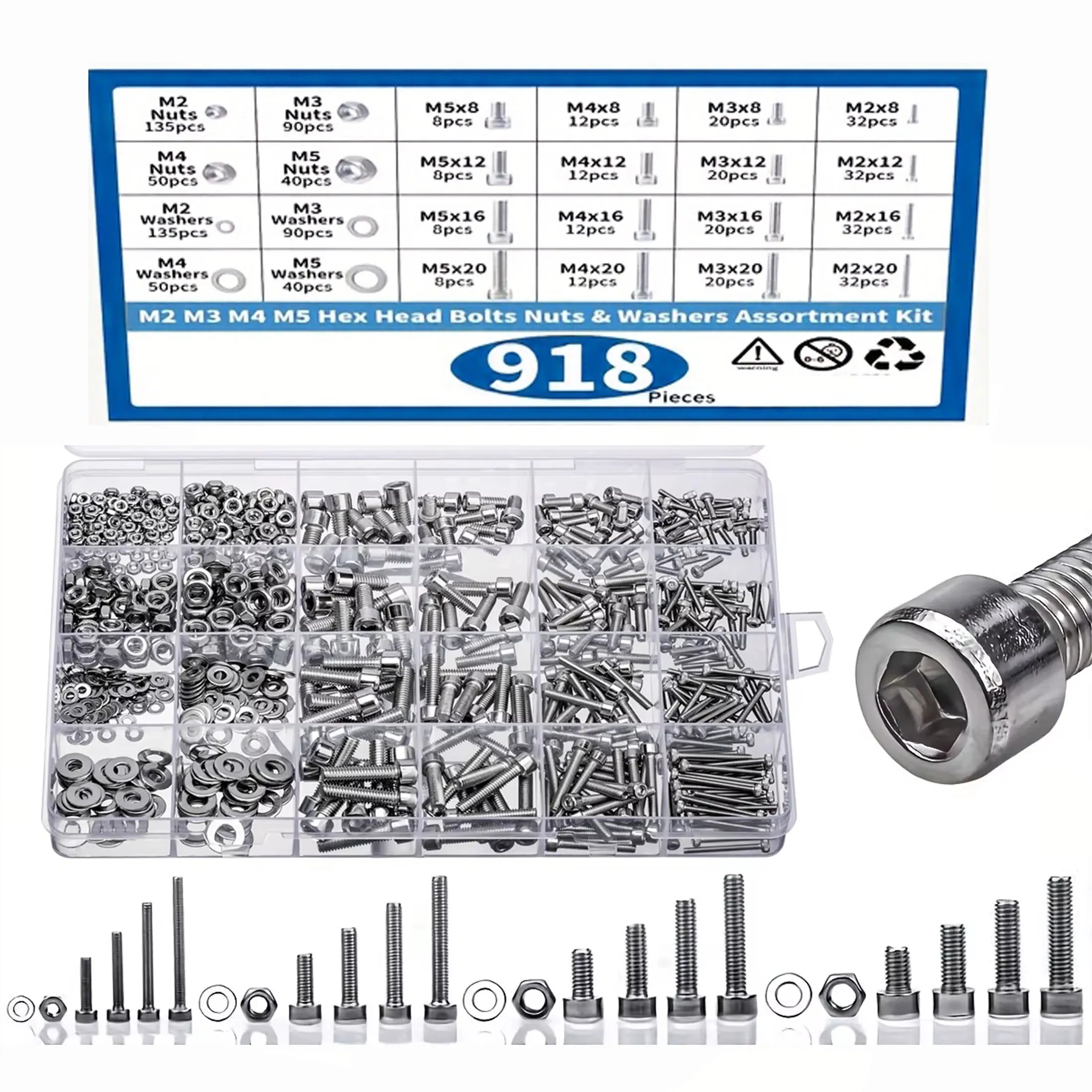 918개 너트 및 볼트 모음 키트 - M2, M3, M4, M5 육각 헤드 304 스테인리스 스틸 볼트, 너트, 플랫 와셔 등