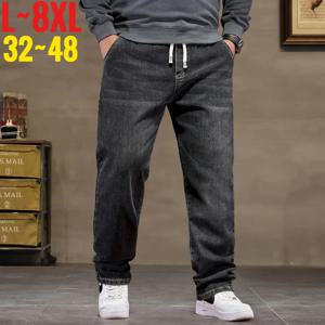 특대 사이즈 남성용 청바지 고탄력 허리 밴딩 루즈핏 데님 팬츠 남성 플러스 사이즈 루즈 슬림핏 카우보이 바지 8XL 6XL 클래식 블랙