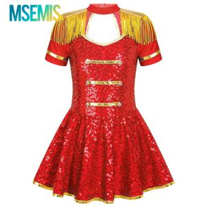 어린이 소녀 서커스 링마스터 감독 원피스 업 코스프레 의상, 아너 가드 샤이니 스팽글 골드 태슬 원피스 발레 댄스 코스튬