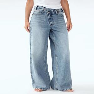 HOUZHOU 여성용 와이드 레그 청바지, 빈티지 불규칙 워싱 데님 바지, 미적인 헐렁한 스트레이트 비대칭 청바지, 하이웨이스트