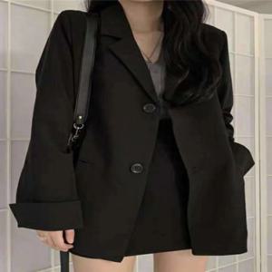 플러스 사이즈 캐주얼 블랙 수트 재킷 한국 스타일 긴팔 버튼업 루즈핏 스트리트웨어 봄 패션 플러스 사이즈 여성용