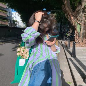 느슨한 긴팔 여성용 셔츠 봄 가을 세로 줄무늬 무릎 길이 드레스 가디건 아우터웨어 클래식 스타일 캐주얼 셔츠