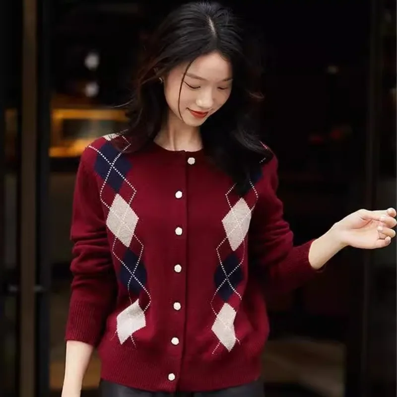 여성용 캐시미어 니트 가디건 탑, 레트로 다이아몬드 체크 스웨터, 캐주얼 울 탑, 2025 용수철 가을 100%