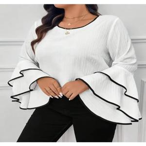 여성용 대형 티셔츠 2025 봄/여름 새로운 편안한 캐주얼 솔리드 컬러 크루넥 플레어 긴팔 탑