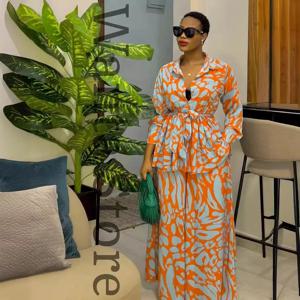 이슬람 인쇄 세트 여성 블라우스 탑 와이드 레그 팬츠 레이스 업 의상 2025 라마단 모로코 두바이 앙상블 아랍어 캐주얼 2 피스 슈트