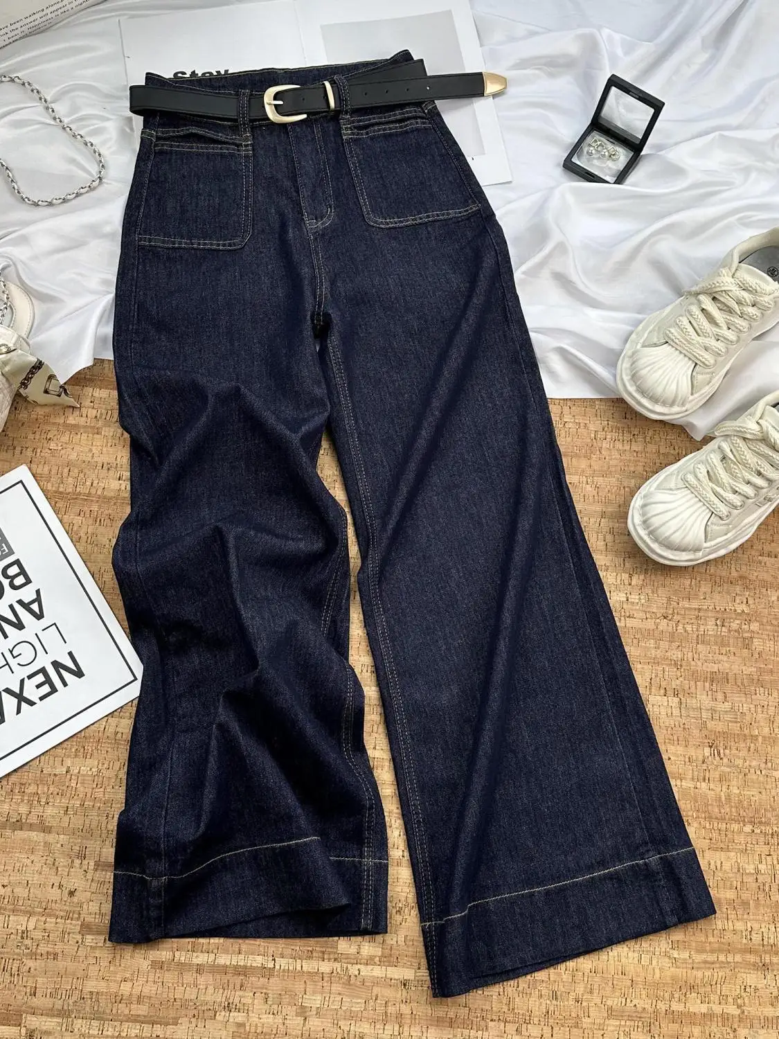 블루 와이드 레그 청바지 여성 가을 ​​2025 새로운 하이 웨이스트 얇은 느슨한 드레이프 좁은 스트레이트 레그 플로어 바지 streetwear 여성