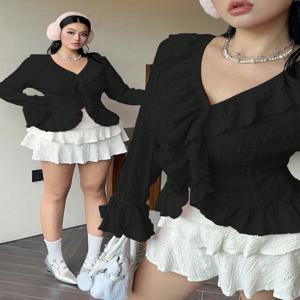 플러스 사이즈 여성용 핑크 v 넥 블라우스 우아한 프렌치 프릴 플레어 슬리브 스윗하트 버블 슬리브 캐주얼 시크 탑 플러스 사이즈