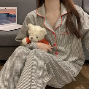 잠옷 여성 긴 소매 바지 여름 회색 카디건 줄무늬 잠옷 Loungewear 두 조각 세트 숙녀 Nightwear Homewear