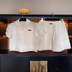 화이트 레이스 트림 실크 린넨 세트 셔츠 하프 스커트 대학 스타일 여성 패션 여름 의상 투피스 슈트 성인 사이즈