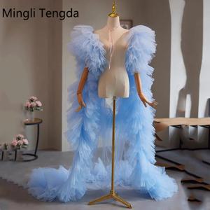 Mingli Tengda 신부 목도리 하늘 Bule 우아한 여성 볼레로 Lrregular Tulle 망토 커버 팔 케이프 웨딩 액세서리 관점