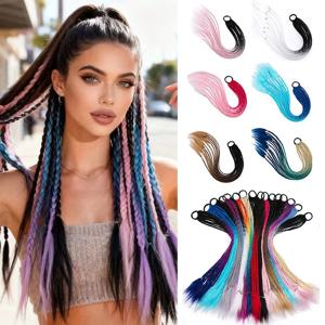 합성 멀티 스트랜드 레인보우 롱 스트레이트 브레이드 헤어 익스텐션 탄성 고무 밴드 포니테일 헤어 액세서리 여성용