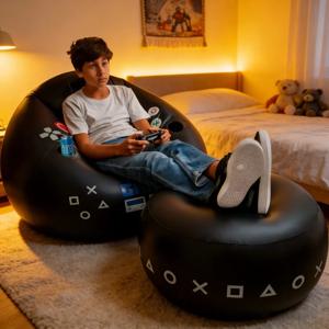 창의적인 e스포츠 게임용 풍선형 원형 소파 의자 (컵홀더 및 사이드 포켓 포함) 음악 노래방 블랙 빈백 소파