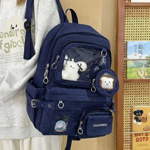 HAEX 데님 여성 백팩 2025 대용량 하라주쿠 DIY 애니메이션 배지 이타백 여학생 데일리 출퇴근용 모칠라 파라 무헤르