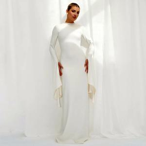 맞춤 제작된 단정한 이브닝 드레스, 진주 장식의 O넥 긴팔 A라인 모던 이브닝 가운, 여성용 플로어 기장 웨딩 게스트 드레스