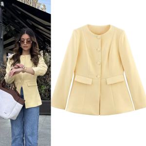 2025년 여성용 신상 우아한 패션 레트로 라운드넥 허리 컷 슬릿 긴소매 캐주얼 수트 재킷