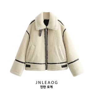 JNLEAOG 가을 신상 유행 퍼리 오토바이 스타일 코트 긴팔 스트릿 스타일 여성 코튼 재킷