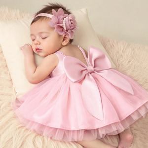 Ylsteed 2피스 세트 더스티 핑크 아기 소녀 큰 리본 진주 드레스 촬영용 신생아 사진 촬영 의상 이브닝 파티 드레스