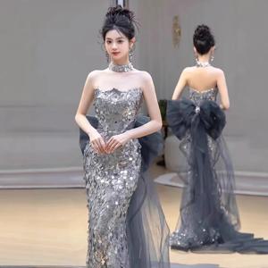 고급스러운 스팽글 장식 생일 바 미츠바 드레스 튜브탑 슬림핏 호스트 반짝이는 피쉬테일 스커트 럭셔리 탈부착 가능한 리본 이브닝 가운