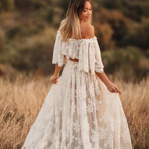 여름 롱 드레스 임부 사진 촬영 드레스 시스루 플로위 튤 자수 오프숄더 2종 세트 베이비 샤워 사진 촬영용