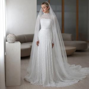 하이 칼라 A라인 맞춤 웨딩드레스, 정교한 레이스와 스팽글 장식의 베스티도 데 노비아, 우아한 롱 슬리브 로브 드 마리에