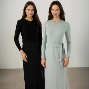 새로운 가을 여성 긴팔 드레스 수트 솔리드 컬러 타이 리본 탑과 밀크 실크 니트 멜빵 드레스 우아한 여성 아우터