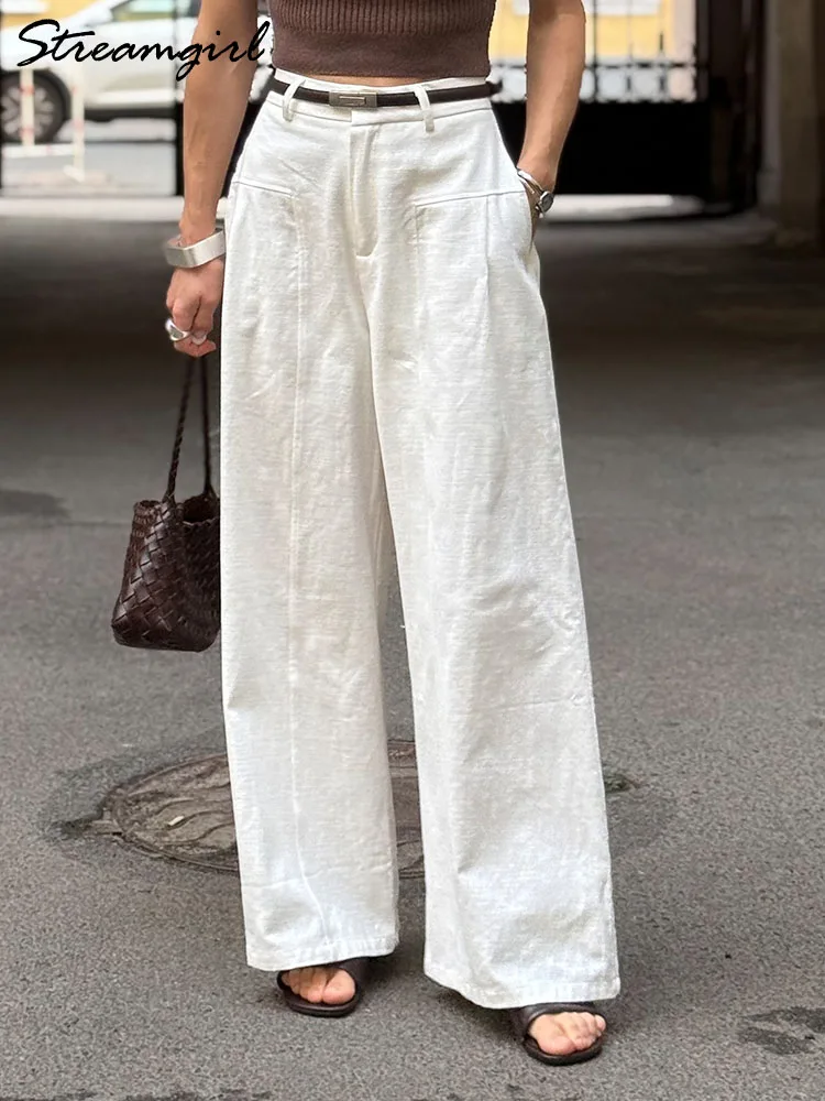 여성용 화이트 와이드 레그 코튼 린넨 팬츠 여름 여성용 바지 코튼 트라우저 우아한 스트레이트 레그 오피스 팬츠