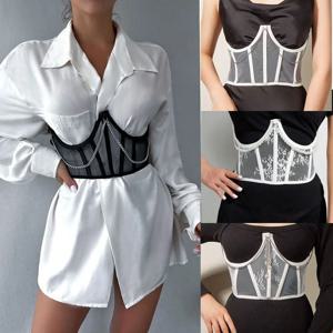 새로운 폴리 에스터 허리 코르셋 레이스 투명 레이스 슬리밍 허리띠 타이 스트랩 패션 탄성 코르셋 여성