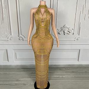 황금 럭셔리 밝은 다이아몬드 와인 파티 연예인 기질 드레스 스튜디오 전시장 모델 공연 의류 Abendkleid