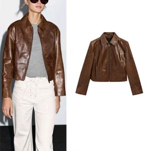 쿨니스 어드밴스드 PU 가죽 자켓 숏 칼라 여성 아우터웨어 패셔너블 통근 스타일 긴소매 지퍼 폴로 칼라