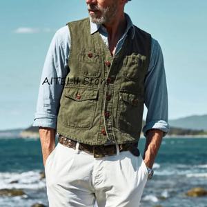 남성용 조끼 싱글 브레스트 4개의 단추 포켓 리넨 패브릭 v 넥 Steampunk 양복 조끼 캐주얼 작업복 패션 민소매