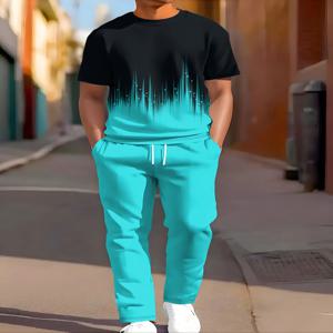2025 심플 남성 여름 그라데이션 프린트 편안하고 통기성 좋은 라운드넥 티셔츠 바지 세트 아웃도어 캐주얼 투피스 세트