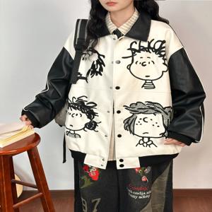 오리지널 미국 만화 애니메이션 자수 루즈핏 여성 PU 가죽 재킷 스트릿 스타일 아우터 캐주얼 대학생 패션