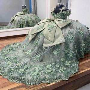 럭셔리 맞춤형 플라워 걸 드레스 푹신한 세이지 그린 오프 숄더 레이스 아플리케 어린이 첫 영성체 드레스