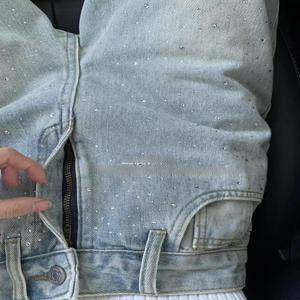 반짝이는 라인스톤 장식 하이웨이스트 스트레이트 레그 진 여성용 레이지 스타일 롱 팬츠 캐주얼 가을 패션