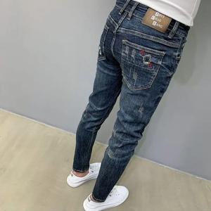 하라주쿠 패션 가을 신상 블루 진 남성용 트렌디 브랜드 스크래치 카고 워크 한국 슬림핏 바지 럭셔리 엘라스틱 팬츠