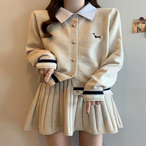 플러스 사이즈 여성 가을 캠퍼스 스타일 스트라이프 셔츠 칼라 컬러 블록 니트 가디건 탑 스커트 슬리밍 투피스 세트