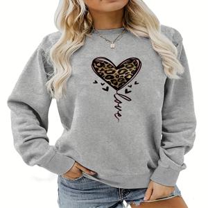 여성의 가을, 겨울 캐주얼 루즈하고 편안한 따뜻한 표범 무늬 하트 모양의 프린트 라운드 넥 긴팔 풀오버