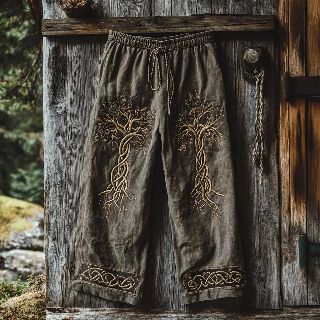 남성용 레트로 바이킹 켈틱 매듭 생명의 나무 3D 프린트 캐주얼 바지 드로스트링 스트레이트 레그 팬츠 여름 비치 팬츠