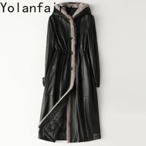 YOLANFAIRY 100% 리얼 양가죽 진짜 가죽 재킷 여성용 후드 겨울 롱 다운 재킷 밍크 퍼 칼라 블랙 패딩 코트
