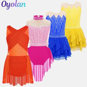 어린이 소녀 반짝이는 라인스톤 체조 피겨 스케이팅 발레 리리컬 댄스 공연 의상 메쉬 스커트 레오타드 드레스