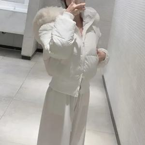 여성용 세련된 겨울 코튼 재킷 두꺼운 후드 지퍼 클로저 퍼 칼라 스플라이싱 허리 부분 매칭 숏탑