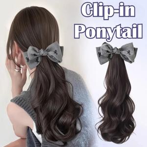 여성용 14인치 합성 곱슬 웨이브 헤어피스, 리본 클립형 포니테일 연장, 리얼리틱 헤어 익스텐션