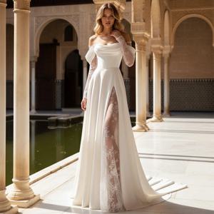 우아한 새틴 오프숄더 웨딩드레스 롱 볼 가운 트레인 포함 2025 베스티도 노비아 슬릿 레이스 브라이덜 가운 여성용