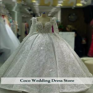 맞춤 제작된 정교한 비즈 크리스탈 레이스 볼 가운 웨딩 드레스 긴 소매 딥 트레인 로브 드 마리에 신부 드레스