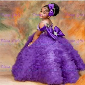 고품질 사랑스러운 플라워 걸 드레스 튤 티어드 러플스와 큰 리본 백 플로어 길이 키즈 웨딩 생일 파티 볼 가운